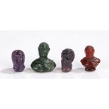 Four hardstone carved miniature busts, 19th Century, each carved in the Roman style with an amethyst