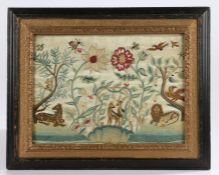 Early 18th Century embroidery and stumpwork panel, circa 1700, the green grass lower section with