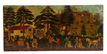 18th Century Naïve oil on board, with figures walking along a path by a house and trees. a gentleman