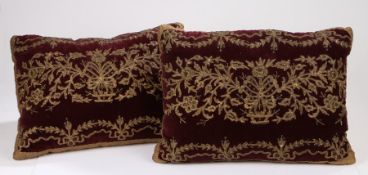Pair of late 18th / early 19th Century deep red velvet and silver metal thread embossed cushions,