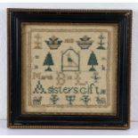Unusual 19th Century sampler, of small proportions with flowers and trees above the text 'A