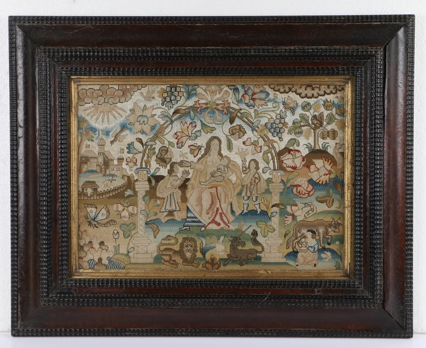 Mid 17th Century needlework picture, with a mother and child with attendants, lion and unicorn, a - Image 2 of 2