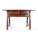 17th Century chestnut Spanish side table, circa 1650, the rectangular single plank top, with fine