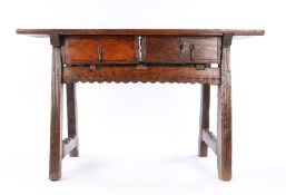 17th Century chestnut Spanish side table, circa 1650, the rectangular single plank top, with fine
