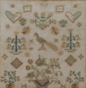 19th Century sampler, of small proportions, with hearts, birds and flowers, dated 1832, 17cm x 17.