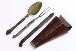 18th Century traveling supper set, the associated leather pouch housing a folding steel and brass