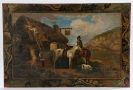 19th Century Folk Art English school, Thatcher's at the Inn with a figure on horseback, a pig to the