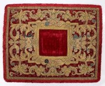16th Century Spanish sculpture table cloth, with a red velvet ground and scrolling wirework