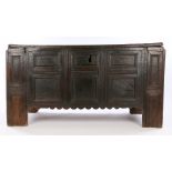 16th Century oak Flemish coffer, of large proportions, the panel top with moulded edge above the