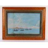 Early 19th Century gouache of Naples, with a row of four graduated ships in the bay with Naples in