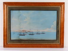 Early 19th Century gouache of Naples, with a row of four graduated ships in the bay with Naples in