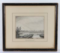 George III pen and ink drawing, showing the Junction of the Rivers Lea and Stort, distant view of