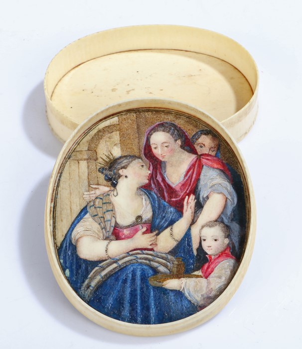 William and Mary ivory and pique box, 17th Century, the oval box with a cover decorated with - Image 3 of 5