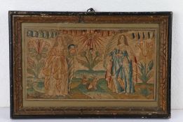 Fine early 17th Century needlework, with male and female figures, sun and rabbits among large