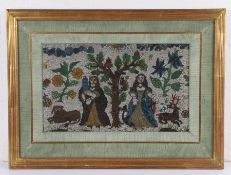 Charles II beadwork picture, circa 1660, with two figures depicting Hope and Charity with a stag and