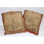 Two 17th Century cushion covers, the embroidered covers depicting young ladies in the countryside,
