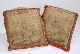 Two 17th Century cushion covers, the embroidered covers depicting young ladies in the countryside,