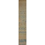 Charles II 17th Century band sampler, dated 1649, with rows of geometric designs and stylised