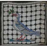 18th Century beadwork picture of a dove, of small proportions, the dove holding an olive branch with