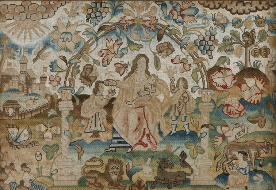 Mid 17th Century needlework picture, with a mother and child with attendants, lion and unicorn, a