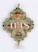 Italian or Spanish devotional pendant, probably mid 18th Century, the central white enamel IHS