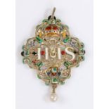 Italian or Spanish devotional pendant, probably mid 18th Century, the central white enamel IHS