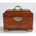 George III mahogany tea caddy, the rectangular top with a shell capped swing handle opening to