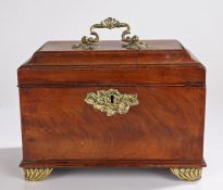 George III mahogany tea caddy, the rectangular top with a shell capped swing handle opening to