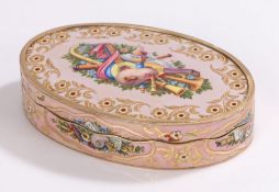 19th Century Swiss enamel snuff box, circa 1830's, the yellow metal box with an enamel top in pink