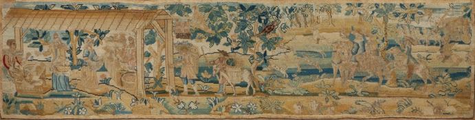 Late 17th Century North Italian needlework panel, circa 1680, of a party of courtiers arriving at an