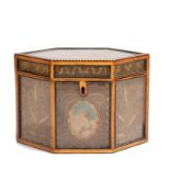 George III satinwood and scrollwork tea caddy, late 18th Century, with glazed panels decorated