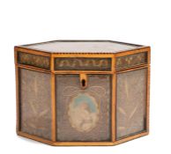 George III satinwood and scrollwork tea caddy, late 18th Century, with glazed panels decorated