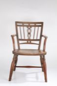 19th Century ash and fruitwood child's Mendlesham chair, the boxwood strung back with ball, splat