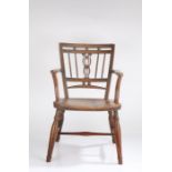 19th Century ash and fruitwood child's Mendlesham chair, the boxwood strung back with ball, splat