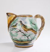 Large 18th Century Spanish Talavera jug, 1750-1780, with a yellow bird spout, a group of buildings