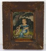 18th Century Naïve Folk Art watercolour picture, a a young lady in a blue dress sat by her dog