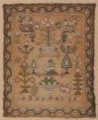 Early 19th Century sampler, of very small proportions, with a selection of trees and flowers, dogs