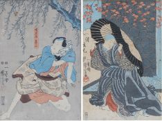 Two Japanese prints, of a Samurai and the second of a figure under an umbrella,24cm x 33.5cm (2)