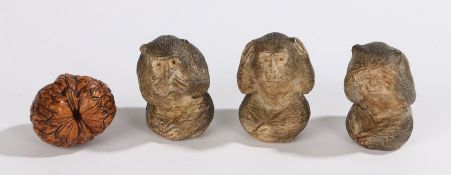 Japanese carved walnut, carved with figures, together with a set of three monkeys, See no evil,