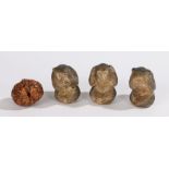 Japanese carved walnut, carved with figures, together with a set of three monkeys, See no evil,