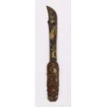 Japanese letter opener, the handle with bird standing above flowers, 26cm long
