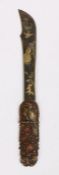 Japanese letter opener, the handle with bird standing above flowers, 26cm long