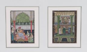 Indian school miniatures, with two panels in one frame, the first showing a courting couple with
