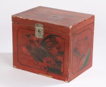 Japanese Meiji lacquered chest, in red with flower and hen decoration, 34.5cm wide