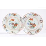 Pair of Chinese famille rose plates, Qianlong, circa 1740, with central foliate decoration and a