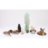 Collection of Chinese objects, to include a snuff bottle, a frog, seal, figure, seated lion, a bird,