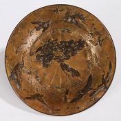 Japanese alloy dish, a peacock to the centre and various birds to the edge, 24cm diameter