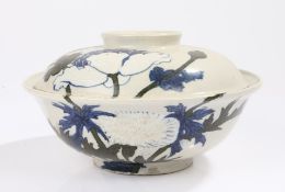 Japanese porcelain dish and cover, decorated with blue and green flower and leaf design, 22cm