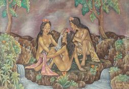 J Suta, Balinese School, Taman Ubud, Bali, three ladies by a waterfall, signed oil on canvas, 55cm x