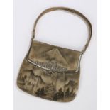 Early 20th Century Japanese purse, with a foliate clasp below a tall volcano and pagoda surrounded